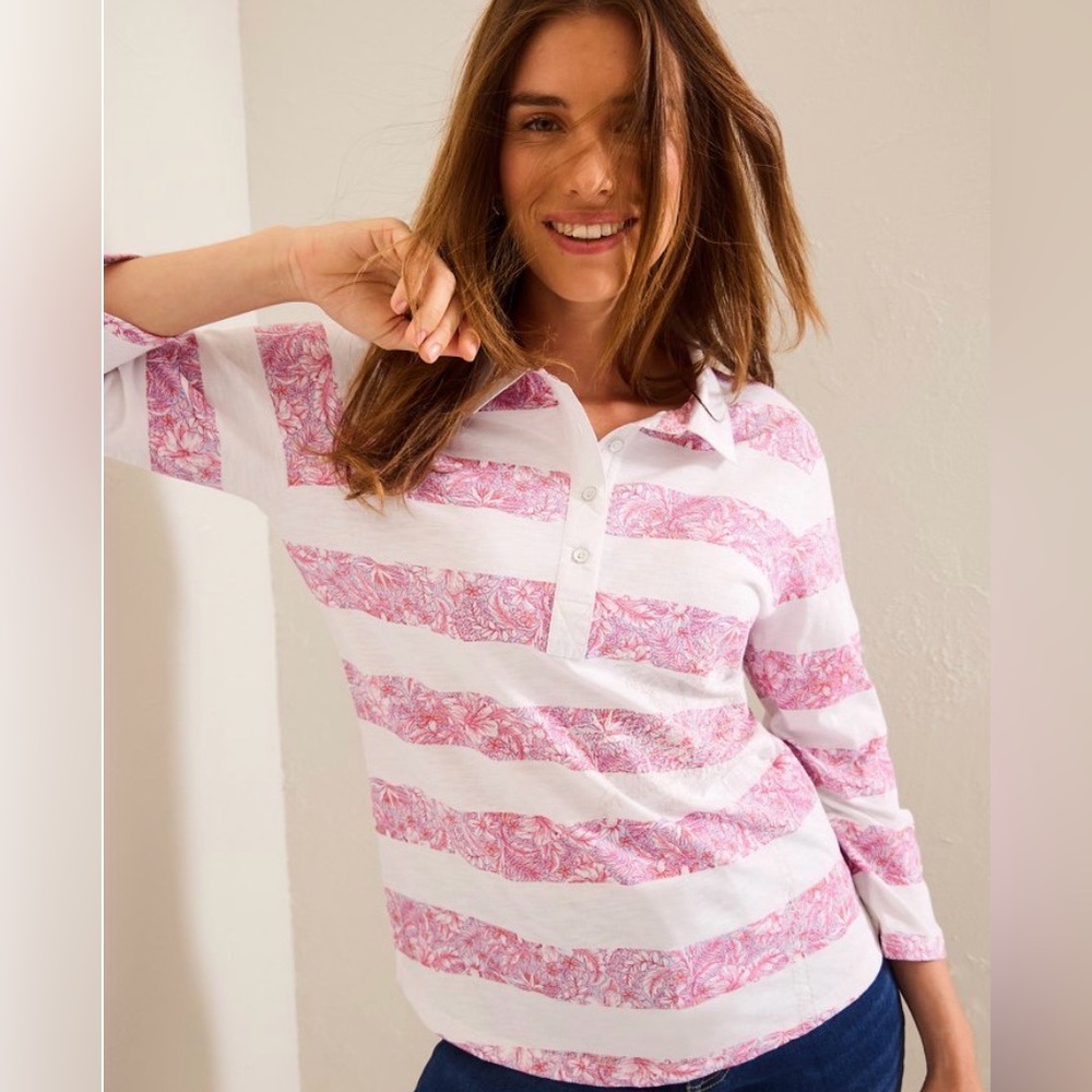 Tommy Bahama Prima Petals Striped Long Sleeve Top | Pink & White - Picture 1 of 9